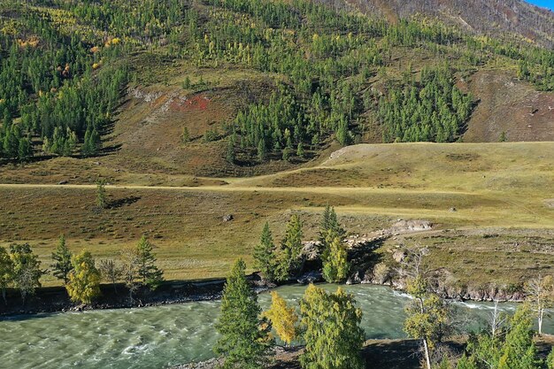 Berg Altai Fluss Draufsicht Drohne, Landschaft Altai Tourismus Draufsicht