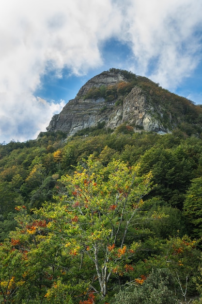 Berg der hohen Spitze unter Wolken nach einem intensiven farbigen Wald während der Herbstsaison in Katalonien, Spanien