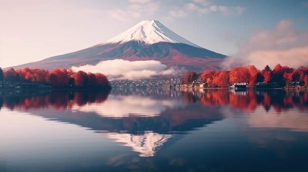 Berg Fuji mit Morgennebel und roten Blättern