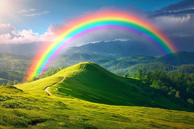 Berg mit buntem Regenbogen im bewölkten Himmel über dem Feld Naturlandschaft nach Sturm