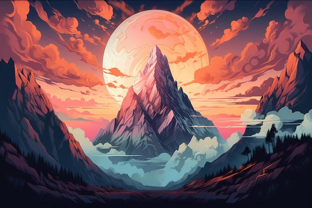 Berg und atemberaubender Sonnenuntergang Hintergrund digitale Kunstillustration generative AI