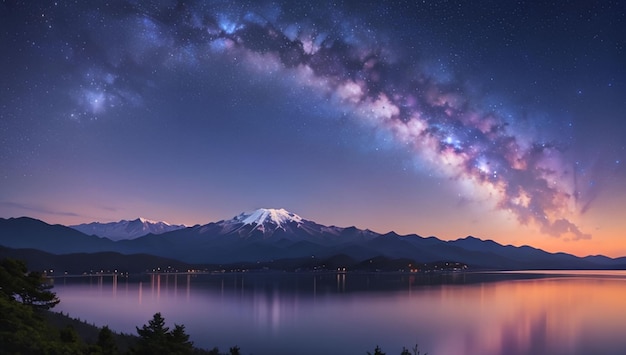 Berg- und Seelandschaft mit einem wunderschönen lila Galaxien-Himmel-Hintergrund