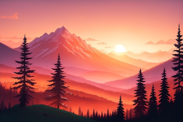 Berg und Wald im Sonnenuntergang