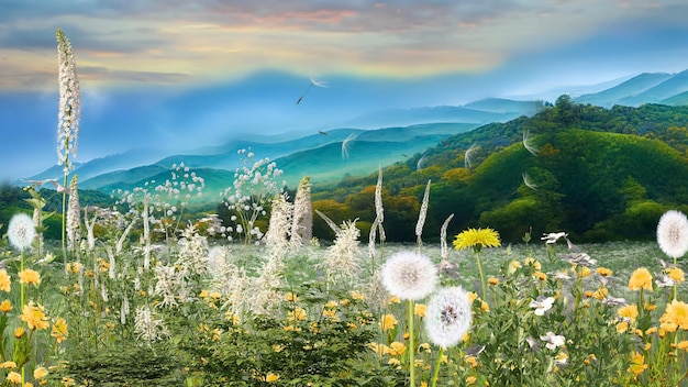 Berg wilde Blumen blauer Himmel und weiße Wolken in Herzform wilder Feldregenbogen auf blauem Himmel