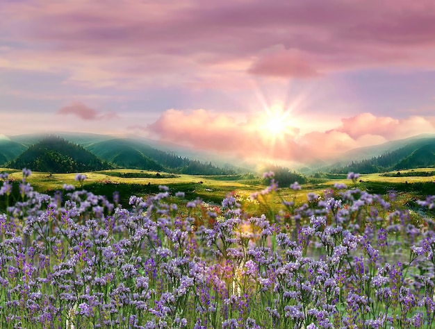 Berg wilde Blumen rosa blau gelb Sonnenuntergang Himmel und Mond Wolken schöne Naturlandschaft