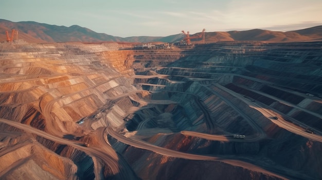 Bergbau in der Höhe, Industrieterrassen auf einem Mineralbergwerk mit Tagebau, von oben gesehen, Erkundung eines Dolomitbergwerks, Rohstoffsektor, riesige Baggerausrüstung, generative KI