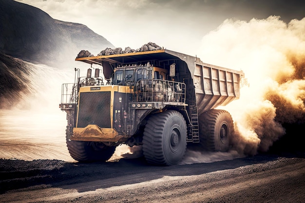 Bergbauwagen für die Kohleförderung, der sich entlang der staubigen Steinbruchstraße in der Tagebauindustrie bewegt