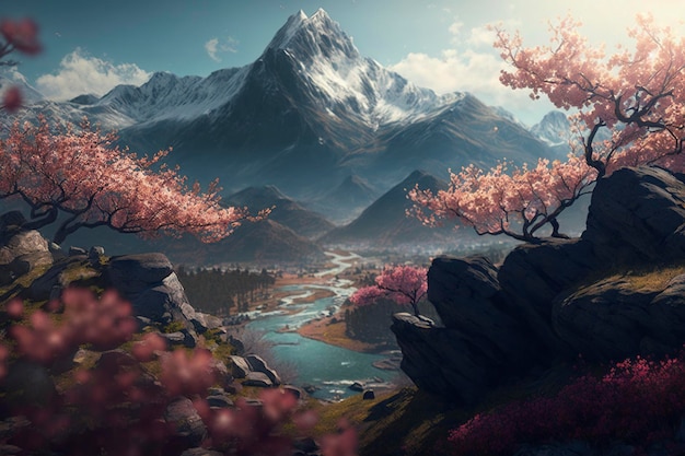 Bergblick mit Kirschblüten als Vordergrund, kreatives ai