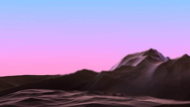Berge auf dem Hintergrund des Himmels Dämmerung Sonnenuntergang Landschaft der Berge verschwommenen Hintergrund Futuristische abstrakte Landschaft der Berge 3D-Render