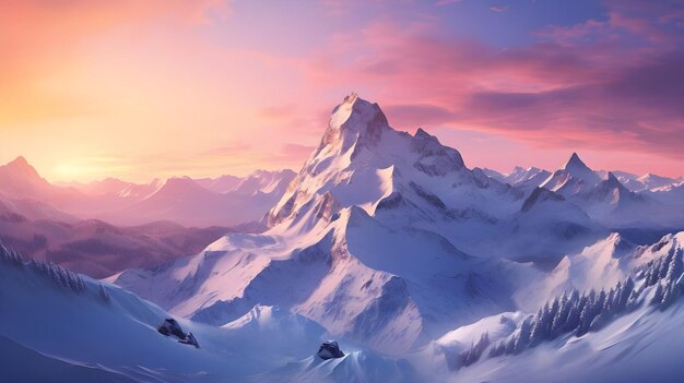 Berge, die bei Sonnenuntergang mit Schnee bedeckt sind