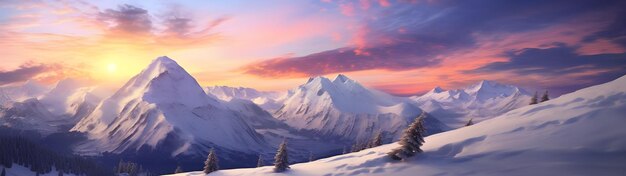 Berge, die bei Sonnenuntergang mit Schnee bedeckt sind