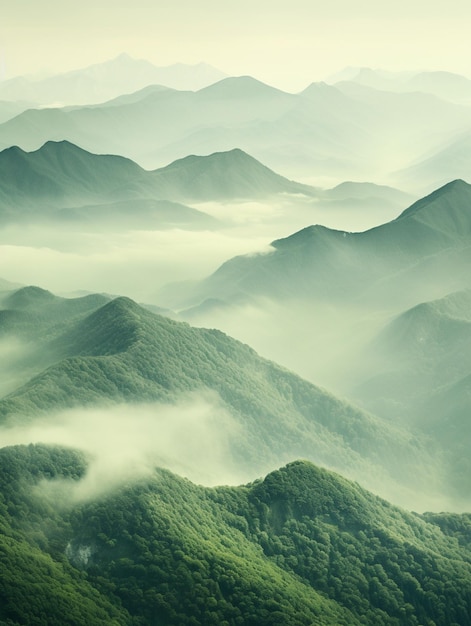 Berge, die mit Nebel und niedrigen Wolken bedeckt sind, in einem nebligen Himmel