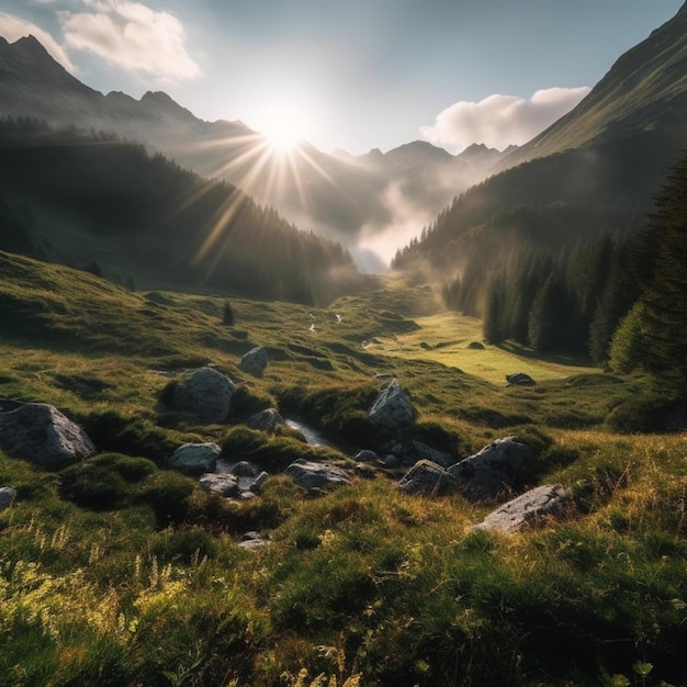 Berge, durch die ein Bach fließt und eine Sonne, die durch die Wolken scheint, erzeugende KI