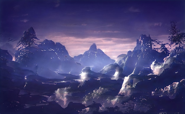 Berge Fantasy Land Alien Planet Scifi Magische Landschaft mit verschiedenen Effekten