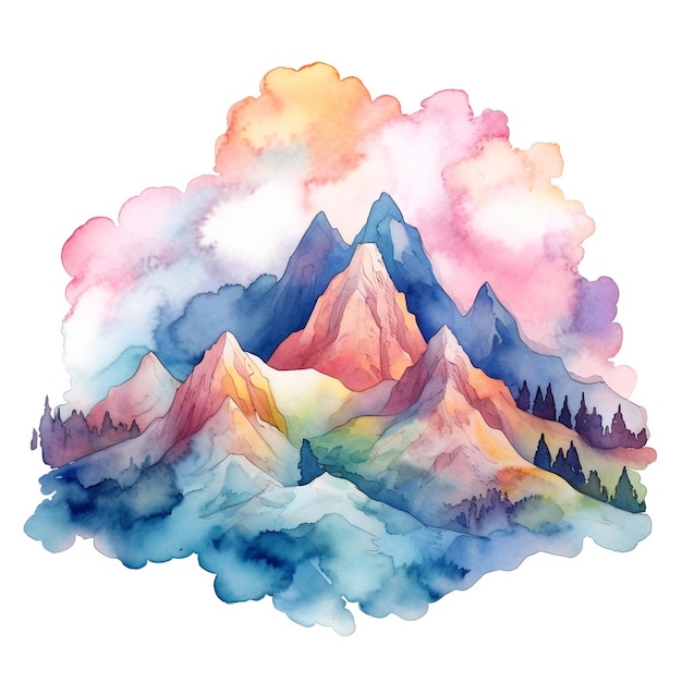 Berge im Aquarellstil. Aquarellillustration von Bergen in einem bunten Himmel.