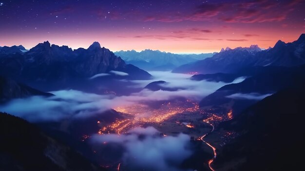 Berge im Nebel in einer schönen Herbstnacht in den Dolomiten Italien Landschaft mit alpinen Bergen