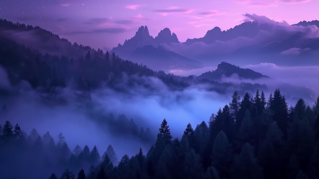 Berge im Nebel in einer wunderschönen Herbstnacht in den Dolomiten Italien Landschaft mit alpinen Bergen Tal niedrige Wolken Wald lila Himmel mit Sternen Stadtlichter beim Sonnenuntergang Passoggio Luftansicht