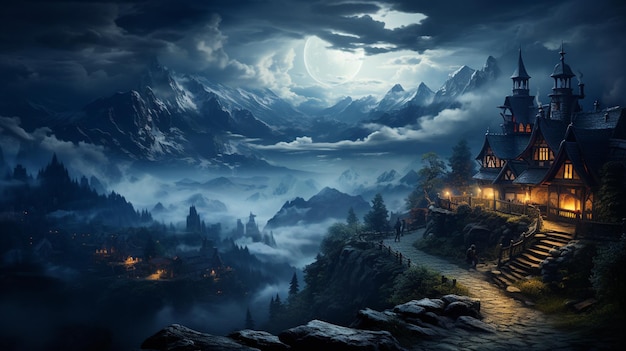 Berge im Nebel mit schönem Haus und Kirche bei Nacht im Herbst Landschaft mit hohen Felsen