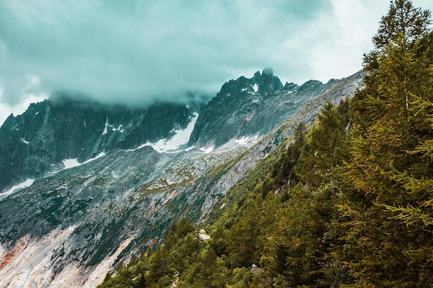 Berge in Chamonix-Landschaft mit Wolken und Wald in den französischen Alpen