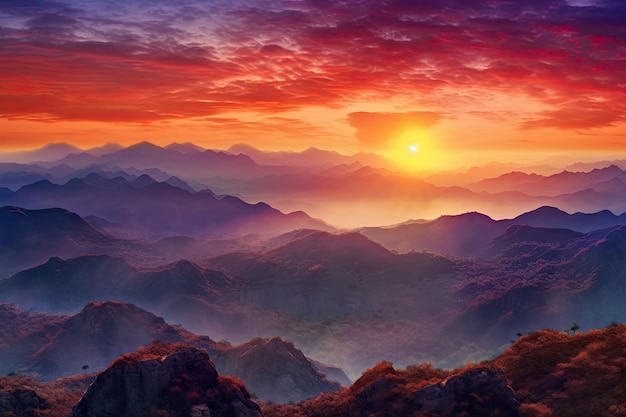 Berge in tiefen Wolken bei Sonnenaufgang im Sommer. Luftaufnahme von Berggipfeln im Nebel. Schöne Landschaft mit Felsen, Wald, orangefarbener Sonne, bunter Himmel. Draufsicht auf das Gebirgstal in Wolken. Neblige Hügel