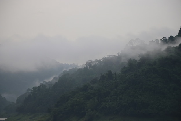 Berge mit nebeligem Landschaftsnaturhintergrund des Morgens