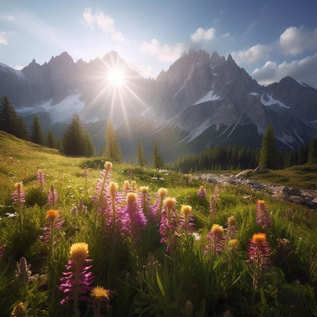 Foto berge mit schneebedeckten gipfeln und einem blumenfeld im vordergrund generative ki