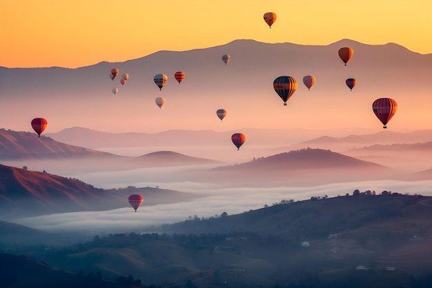 Berge Sonnenuntergang Heißluftballons Generative KI