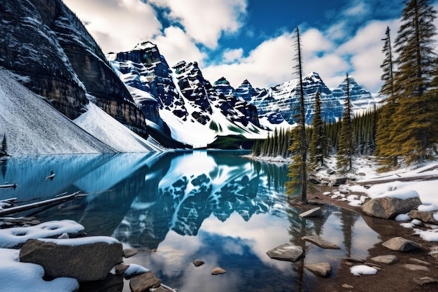 Berge spiegeln sich im Lake Louise Banff Nationalpark Alberta Kanada Lake Moraine Banff Nationalpark KI generiert