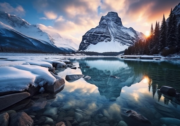 Berge spiegeln sich im Wasser eines Sees bei Sonnenuntergang.