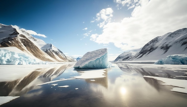 Berge spiegeln sich im Wasser eines Sees wider, der Eis erzeugt.