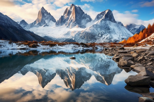 Foto berge spiegeln sich in einem grünen see.