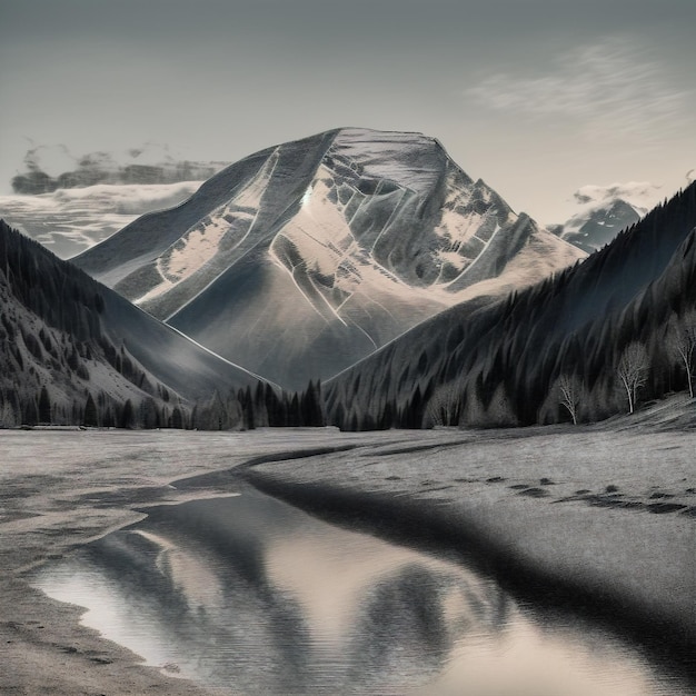 Berge spiegeln sich in einem See in einer verschneiten Landschaft