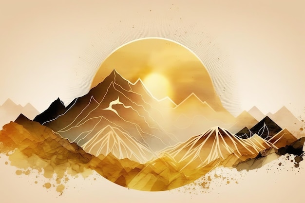 Berge und die Sonne in Gelb- und GoldtönenSchöner minimalistischer Druck für Ihr Dekor für Postkarten-Glückwünsche und Poster Generative AI