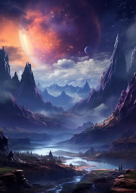 Berge und ein Fluss in einem Tal mit einem Planeten im Hintergrund generative ai