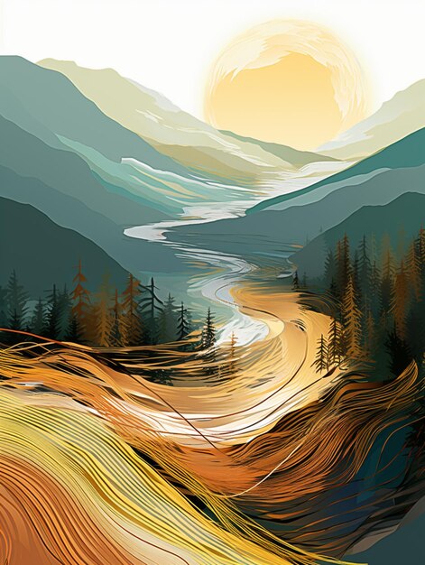 Berge und ein Fluss mit einer Sonne in der Ferne generative ai