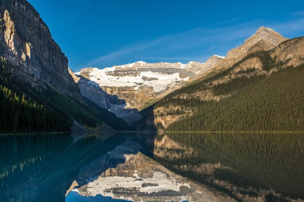 Berge und Gletscher spiegeln sich am Lake Louise Alberta Kanada