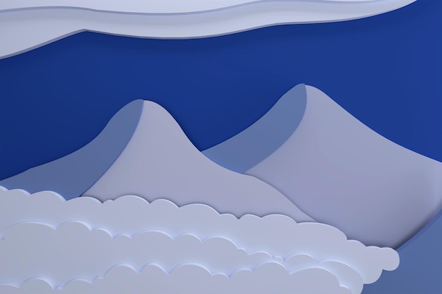 Berge Wolken unter ihnen in Blau und Lila von Papierdesign 3D-Darstellung