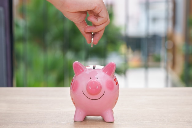 Übergeben Sie das Setzen einer Münze in ein rosa Sparschwein auf hölzernem Schreibtisch - sparen Sie Geldkonzept.
