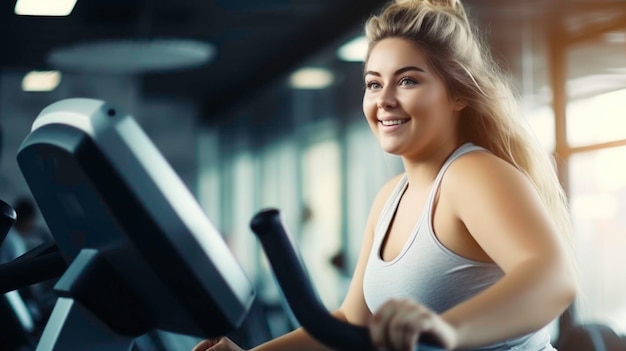 Übergewichtige Frau im Fitnessstudio, die an der Gewichtsabnahme arbeitet, Fitness- und Cardio-Übungen macht