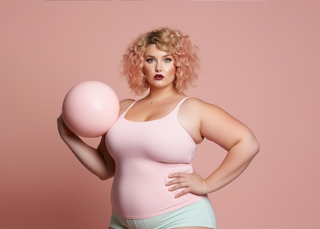 Übergewichtige Frau in Sportkleidung mit einem Ball Gewichtsverlust und Bewegungskonzepte