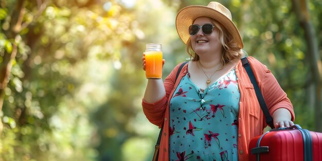 Übergewichtige Frau mit Hut und Sonnenbrille mit Koffer trinkt Saft im Freien mit einem Lächeln Konzept Mode Reisen Gesunder Lebensstil Plus Größe Außenporträt