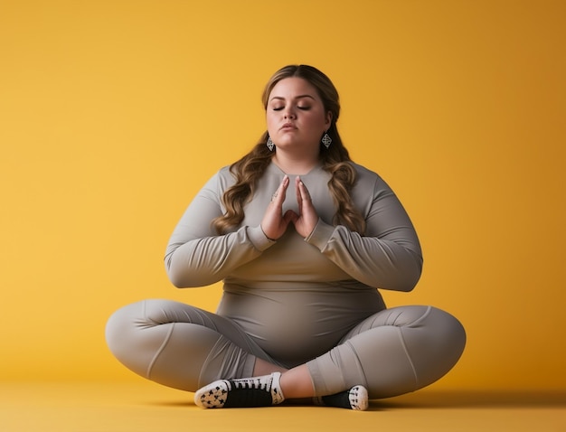 Übergewichtige Frau praktiziert Yoga und Meditation im Studio