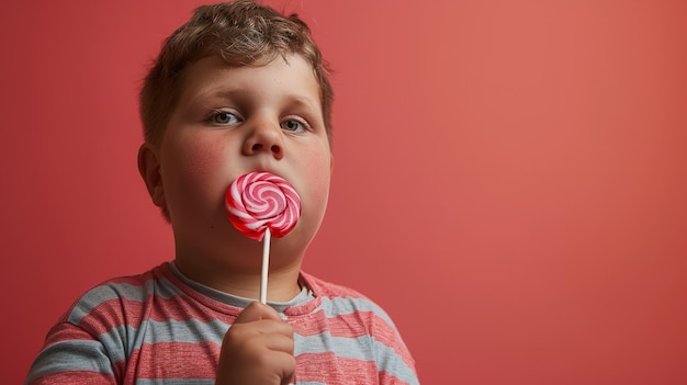 Übergewichtiger kaukasischer Junge vor sauberem Hintergrund, der einen Lolli und großen Raum verbraucht, generative KI