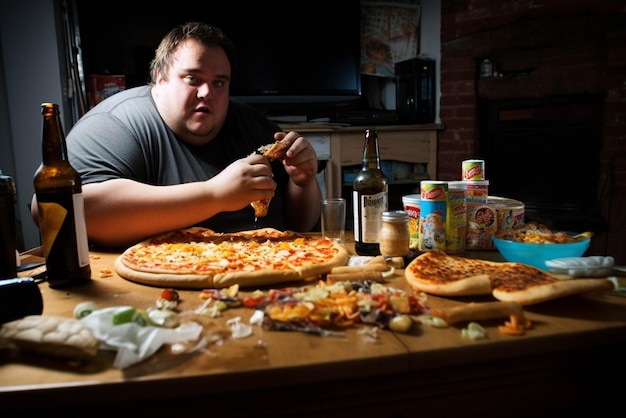 Übergewichtiger Mann isst Junk-Fast-Food in seinem Zimmer Essstörung übermäßiges Essen Junkfood