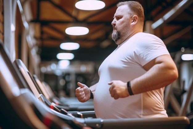 Übergewichtiger Mann läuft auf dem Laufband im Fitnessstudio