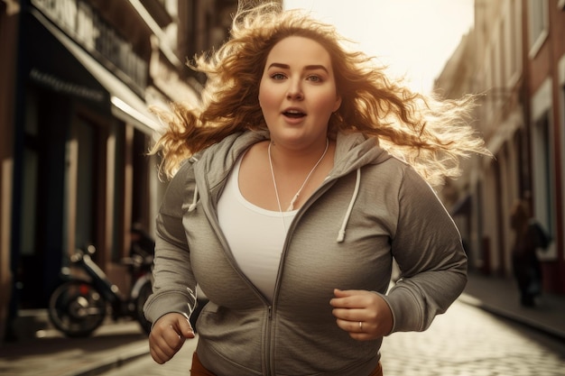 Übergewichtiges junges Mädchen rennt auf der Straße. Trainingsübung: Ai erzeugen