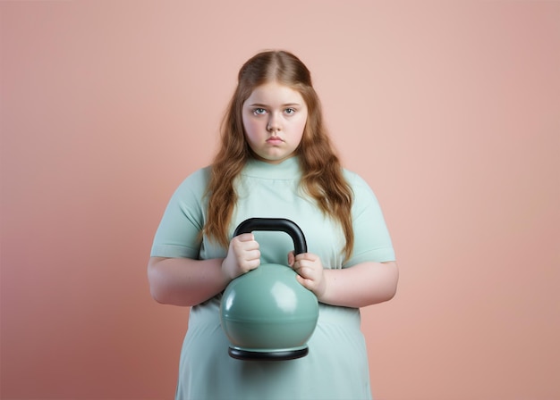 Übergewichtiges Mädchen mit schwerer Kettlebell Gesundheits- und Bewegungskonzept