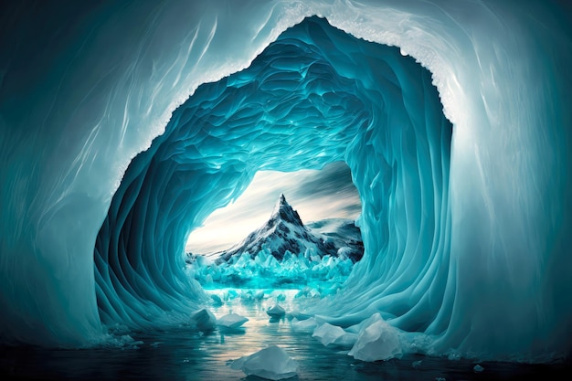 Foto berggipfel, der durch den bogen eines schwimmenden gletschers zu sehen ist