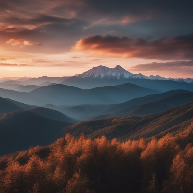 Berggipfel im Hintergrund des Sonnenuntergangs