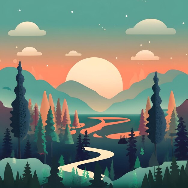 Foto berggipfel-landschaft mit sanftem sonnenuntergang flach 2d-vektorillustration hintergrund